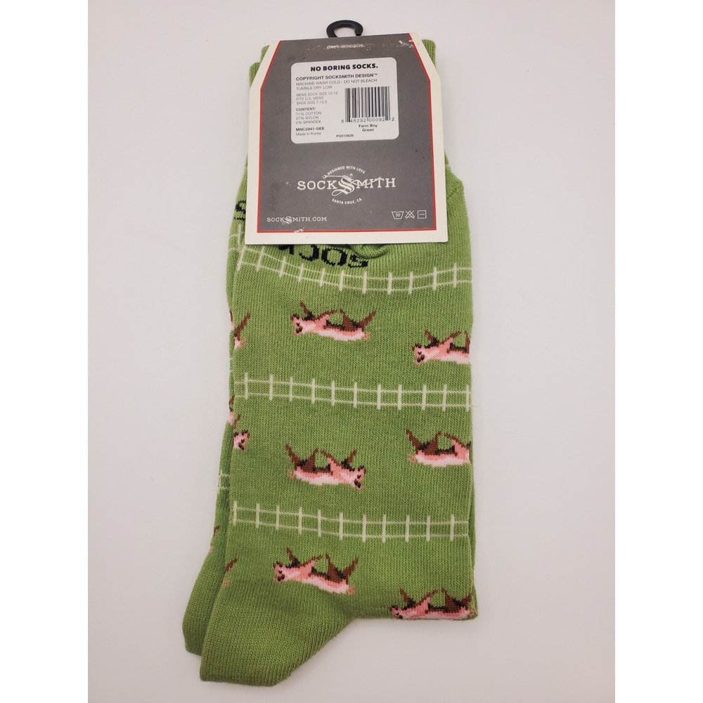 Socksmith Men's Farm Boy Crew Socks Green Graphic Pig Fence NWT